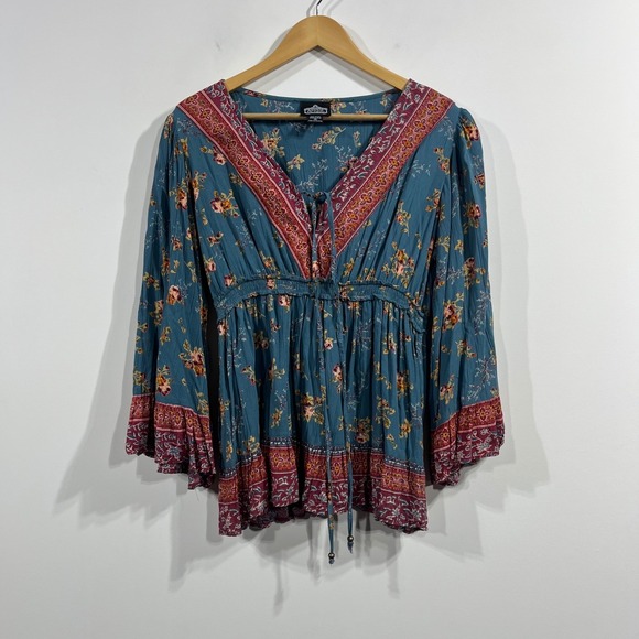 Angie Tops - Angie Y2K Babydoll Boho Floral Bell Sleeve Peasant Top Womens Medium Festival